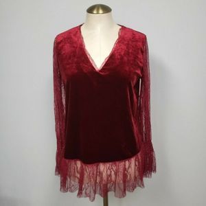 *NWT* Ro & Do Burgundy red Velvet Long Lace Sleeves dream Top - L V neck